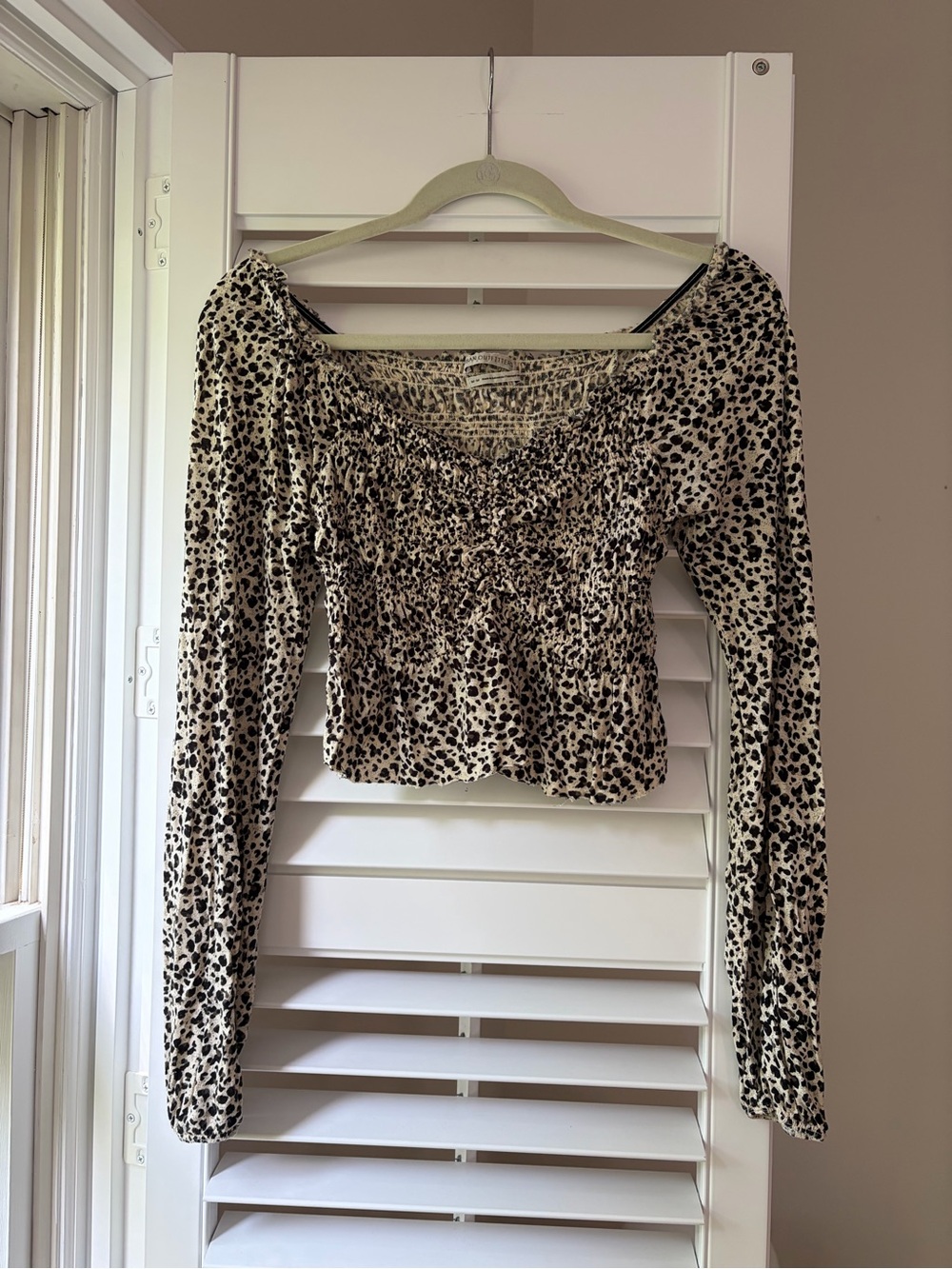 Urban Outfitters Black & Cream Leopard Smocked Off-Shoulder Long Sleeve Top